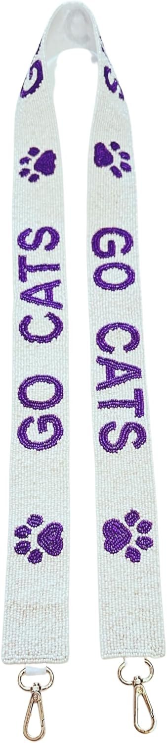 Lashicorn Beaded Purse Strap Cats Purple & White College Game Day Clear Handbag Replacement Strap Kansas Stadium Football University 49 x 1.75” Gold Hardware Clips
