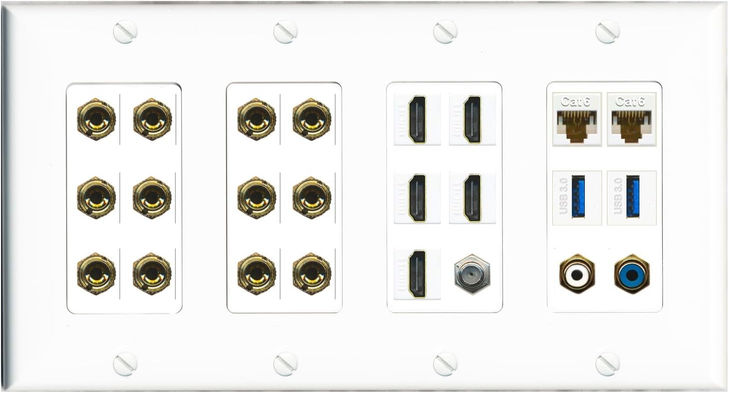RiteAV 6.2 Surround Sound 6 Speaker 12 Banana Plug Jack Wall Plate w/ 2 RCA Subwoofer + 5 HDMI Coax + 2 x Cat6 2 x USB Jacks - 4 Gang [Black]