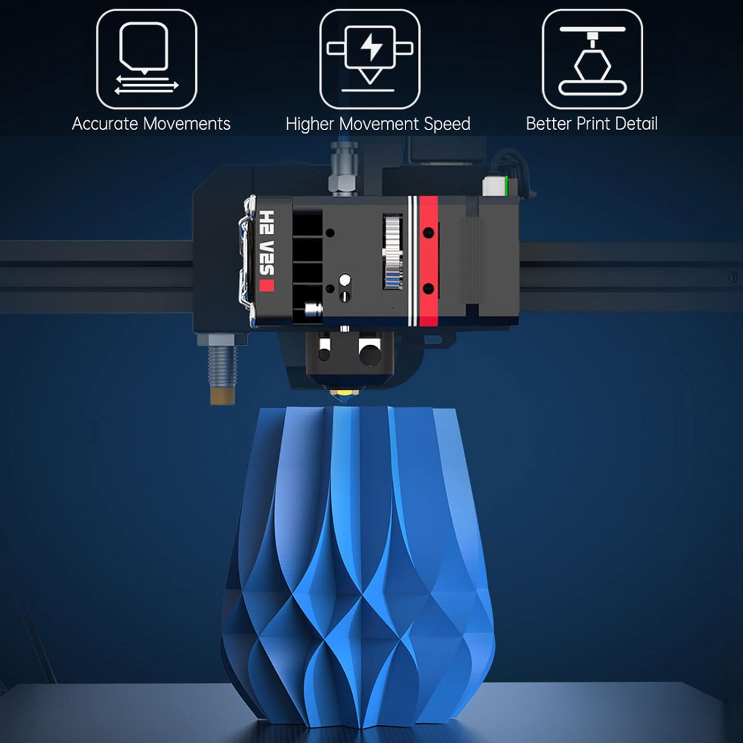 A 3D printer equipped with the BIQU H2 V2S Extruder actively printing a blue vase, demonstrating accurate movements, higher movement speed, and better print detail.