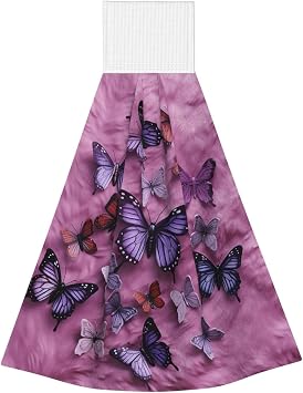 Hanging Hand Towel Soft Absorbent Bath Towel Kitchen Dish Towels with Hanging Loop Fast Drying Tie Towels for Bathroom Kitchen Home Decor All Butterflies are On Purple Background