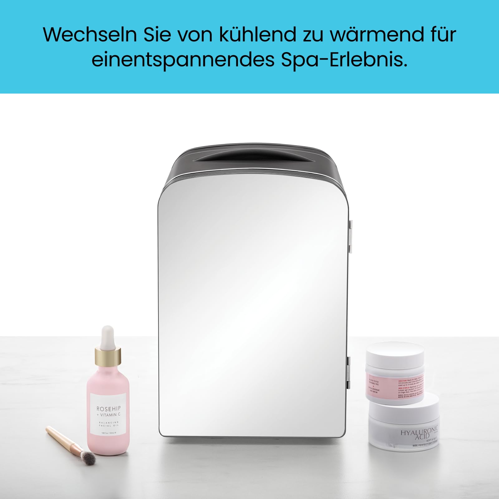 Iceman Verspiegelter 4 Liter Mini-Kühlschrank, Hautpflege, Make-up-Aufbewahrung, Seren und Gesichtsmasken, klein für den Schreibtisch oder auf Reisen, kühlen & heizen, kosmetische Anwendung, Schwarz