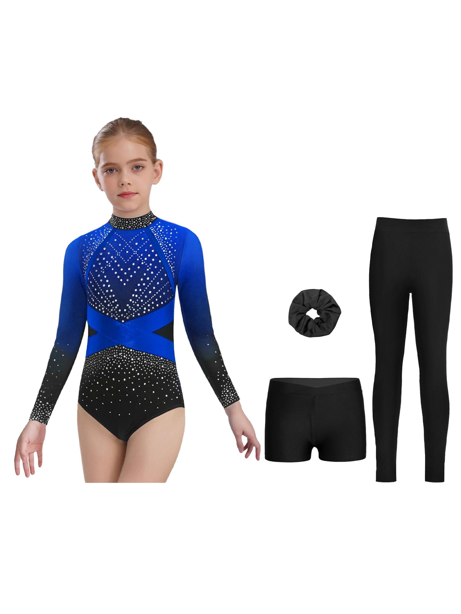 Oyolan Mädchen Gymnastikanzug Strass Turnanzug Langarm mit Shorts Leggings Haarband 4 Set Glitzernder Ballet Trikot Eiskunstlauf Tanzkostüm Turnbody Outfit