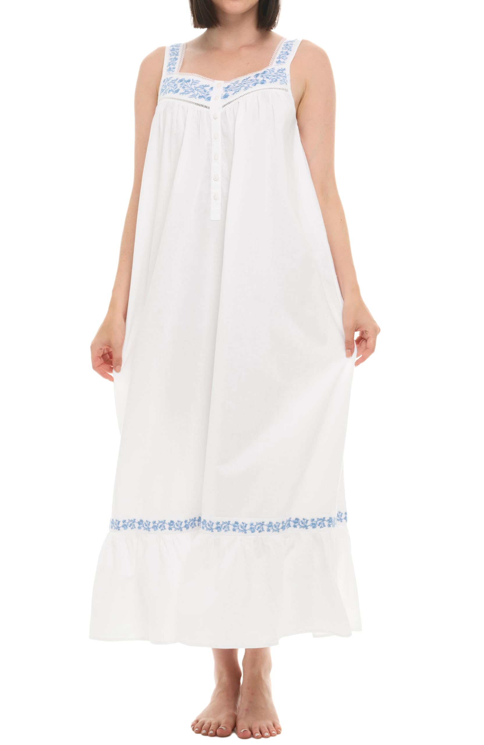 Alexander Del Rossa 100% Cotton Nightgowns for Women, Embroidered Sleeveless Long Womens Cotton Nightgown Gown