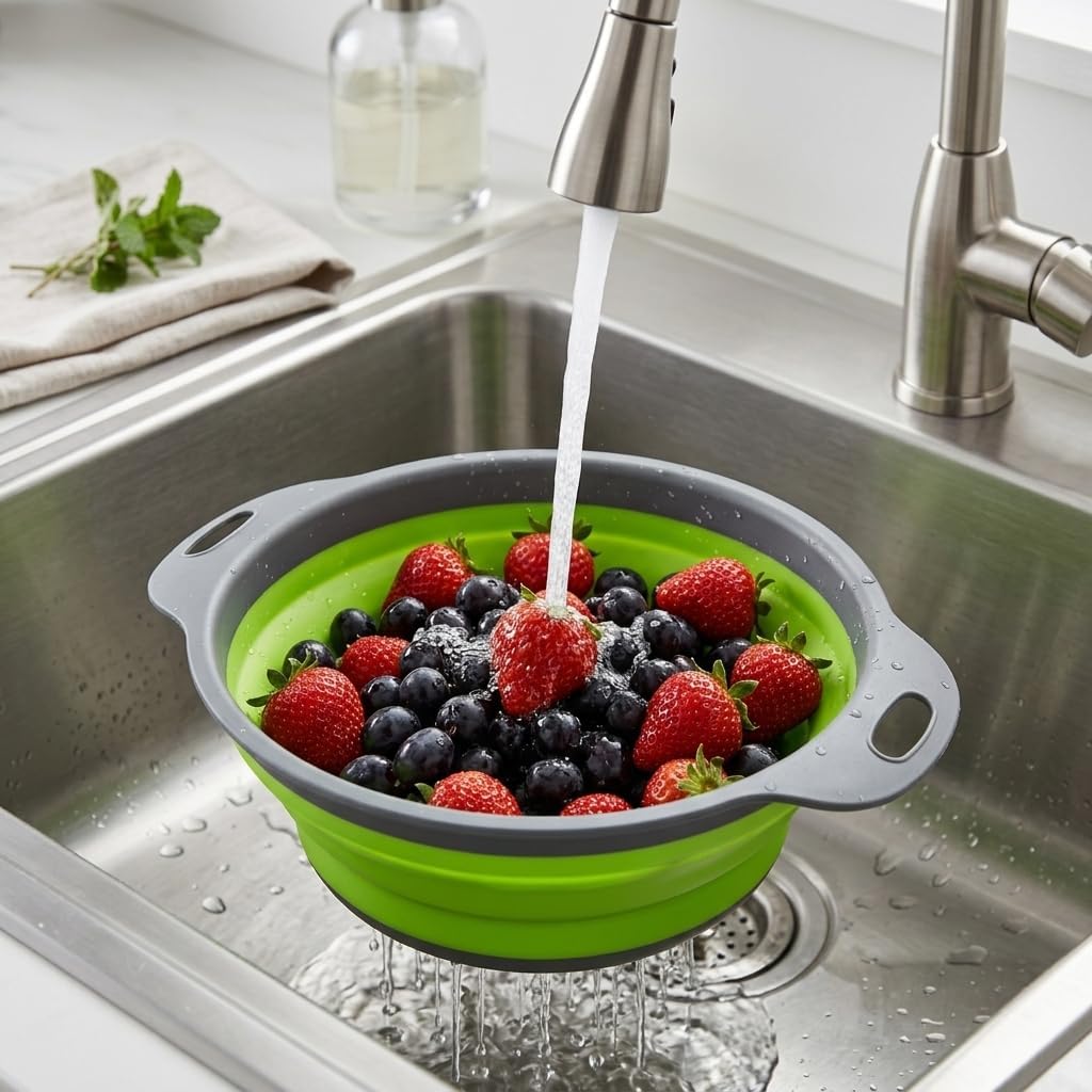 Collapsible Colander Set of 2, Space-Saving Round Silicone Kitchen Strainers, Foldable Food Strainer with Ergonomic Handles, Dishwasher Safe for Fruit, Veggies, Pasta (Green & Grey)