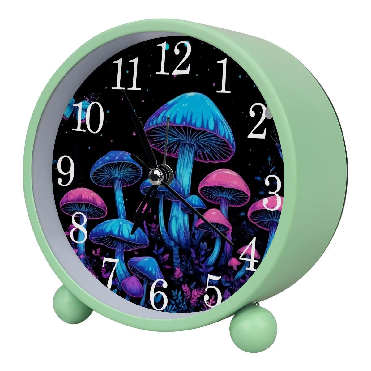 Luoweisi Alarm Clock Mushroom, Silent Non-Ticking with Night Light, Round Metal Alarm Clock for Office, Battery Operated, Bedroom, Elderly, Adults, Children, Student Gifts