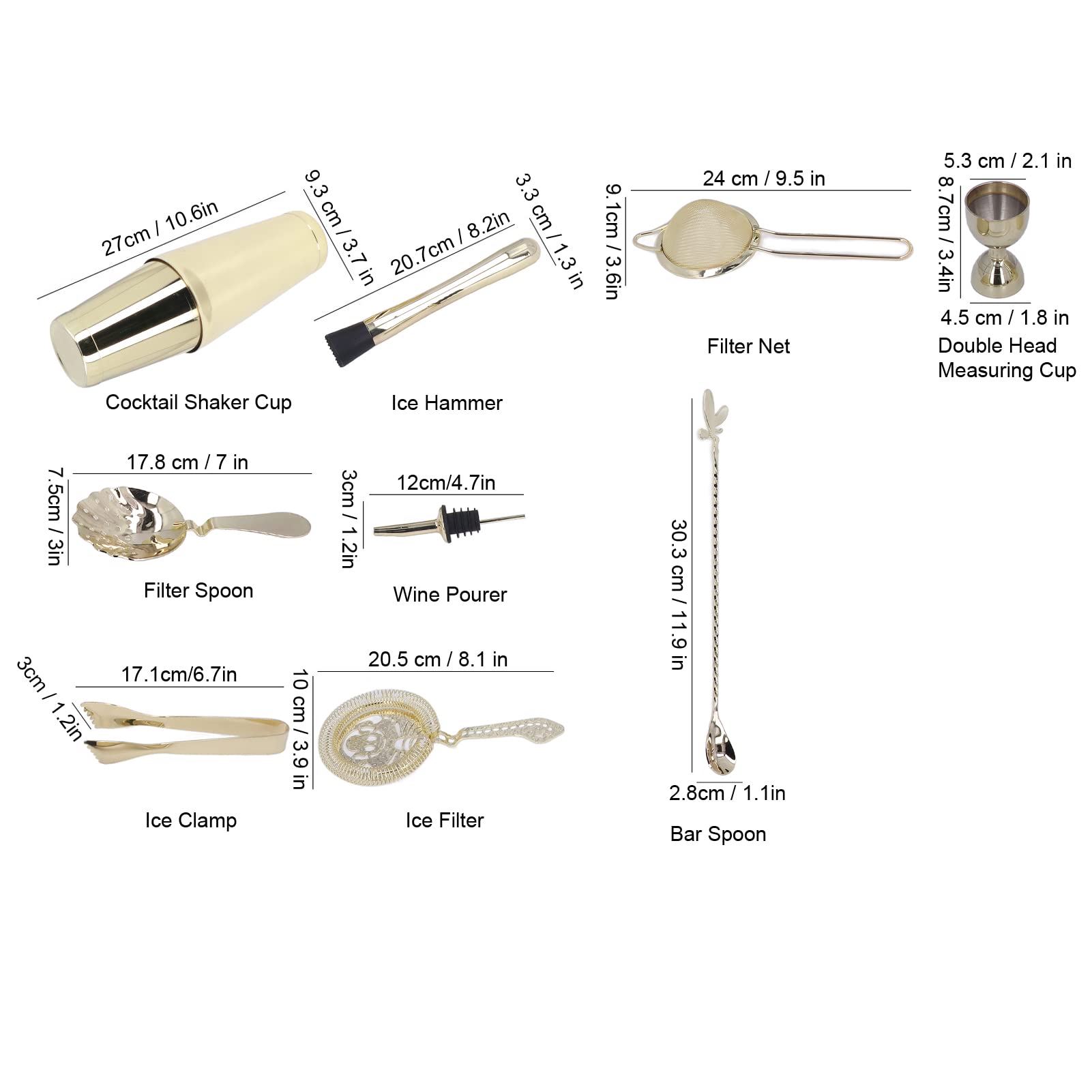 AMONIDA Set di Shaker per Cocktail Strumenti Facili per Miscelare in Acciaio Inossidabile per Feste da Bar in Casa Acciaio Inossidabile 11 Pezzi (GOLD)