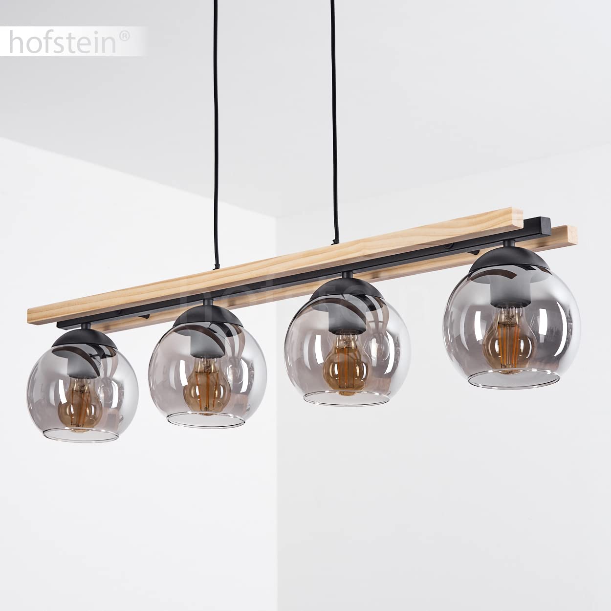 Lampada a sospensione Podre, lampada moderna in metallo/legno/vetro in colore nero/natura/fumo, 4 luci, con paralume in vetro reale (15 cm) e asta in legno, altezza massima 129cm, E27, senza lampadine