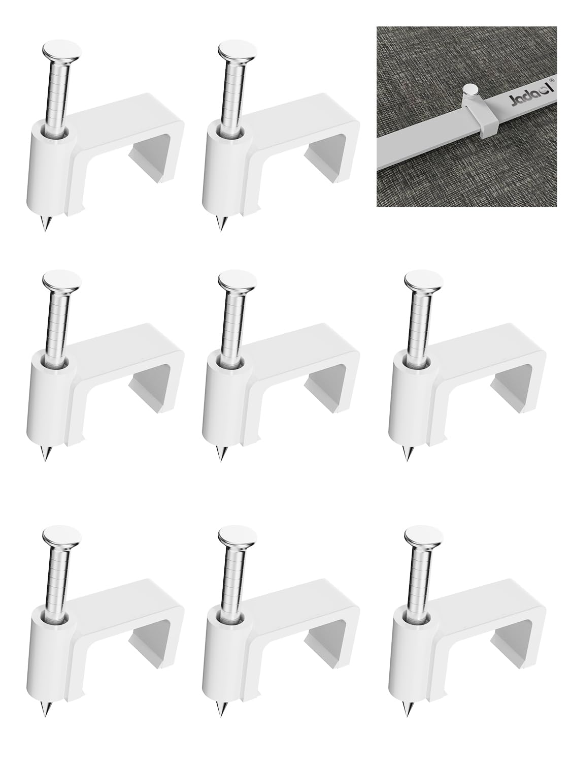 Jadaol100Pcs 7.5mm Cable Clips with Nails, Flat Ethernet Cable Wall Clips for Cat6 Flat Cable, Custom Size Wire Tacks for RJ45 LAN Cable, Coax, Speaker, and Network Wire Organizer