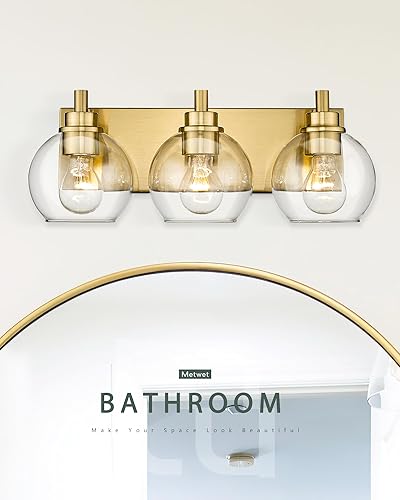 Miniatura 7 de VL195-GD-3 - Lámpara de tocador de baño de 3 luces de oro cepillado, apliques de pared modernos con pantalla de globo de vidrio transparente, luces