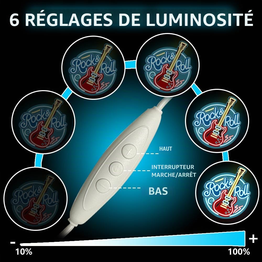 RuCvixkt Rock Roll Néon pour Décoration Murale, Néon LED Dimmable Rock and Roll Guitare pour Studio de Musique, Salon, Bar, Club, Cadeau pour Garçons Filles Amateurs de Musique