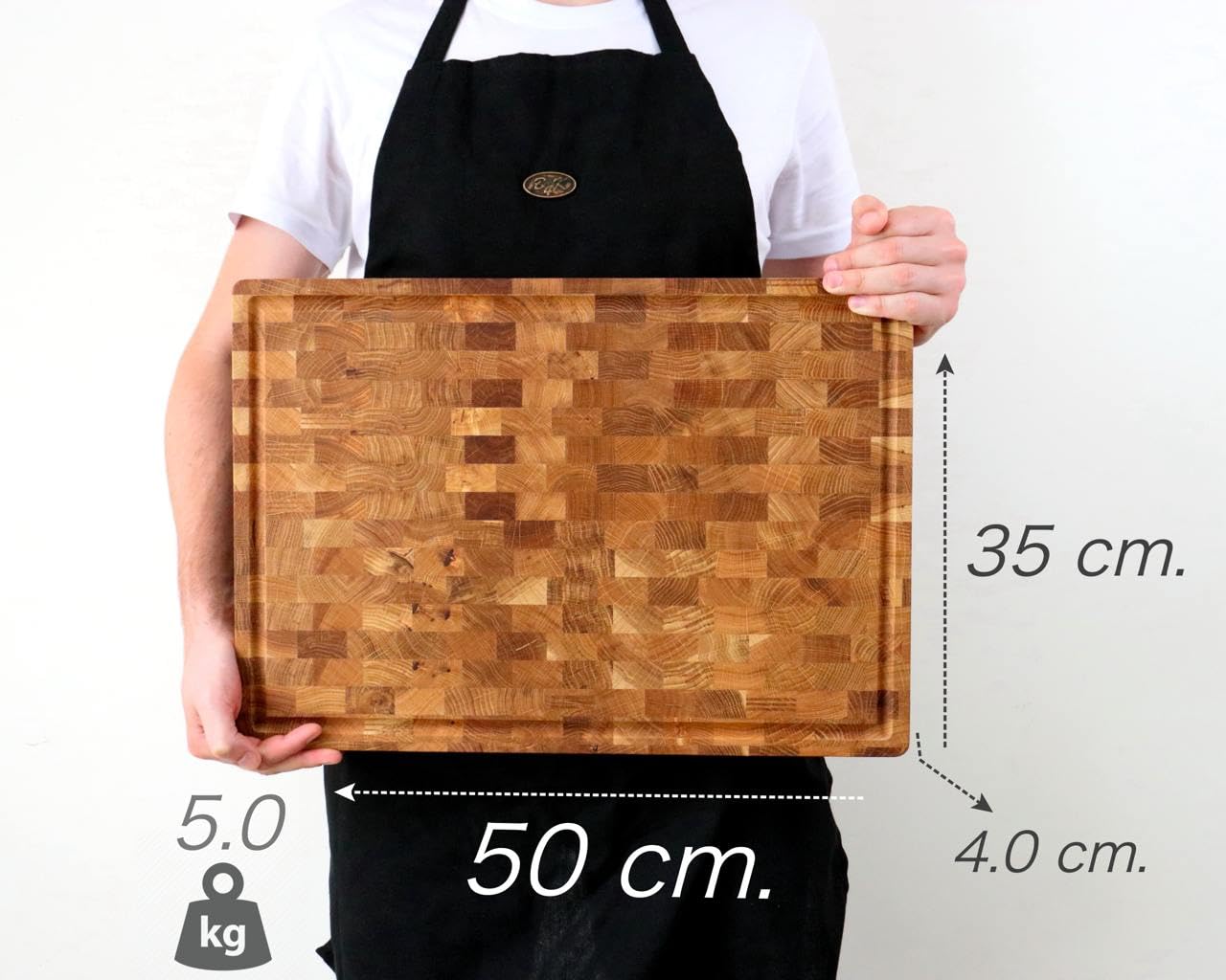 B4K® Tagliere in Legno di Quercia, 50 × 35 × 4 cm | Legno di Cervello Massiccio, Antibatterico, Con Manici, Scanalatura e Piedini in Silicone, Per Cucina, Carne e Barbecue