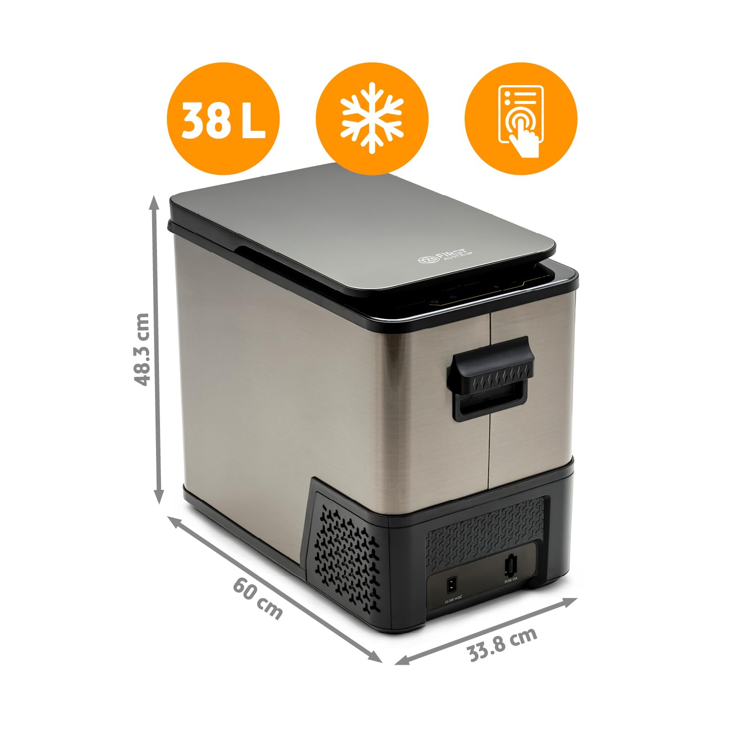 TZS First Austria Kompressor-Kühlbox 38L - bis -20°C - 41 dB - 12V 24V 230V - Anti-Fingerprint - für Auto Camping Reise - Dark Steel