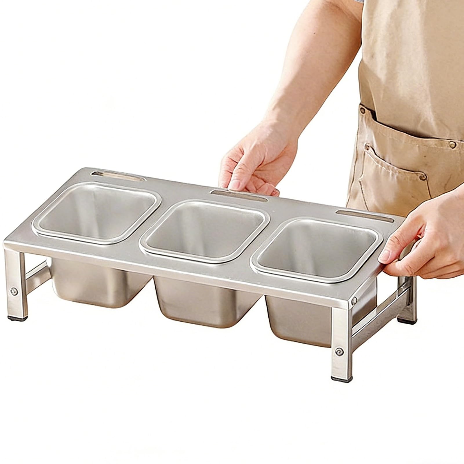 HADECOLL 2-Tier 304 Stainless Steel Pizza Topping Station, Counter Spice Rack Organizer, Condiment Tray For Kitchen Cabinet,No Lid-42X18.3X9.2~12.4cm