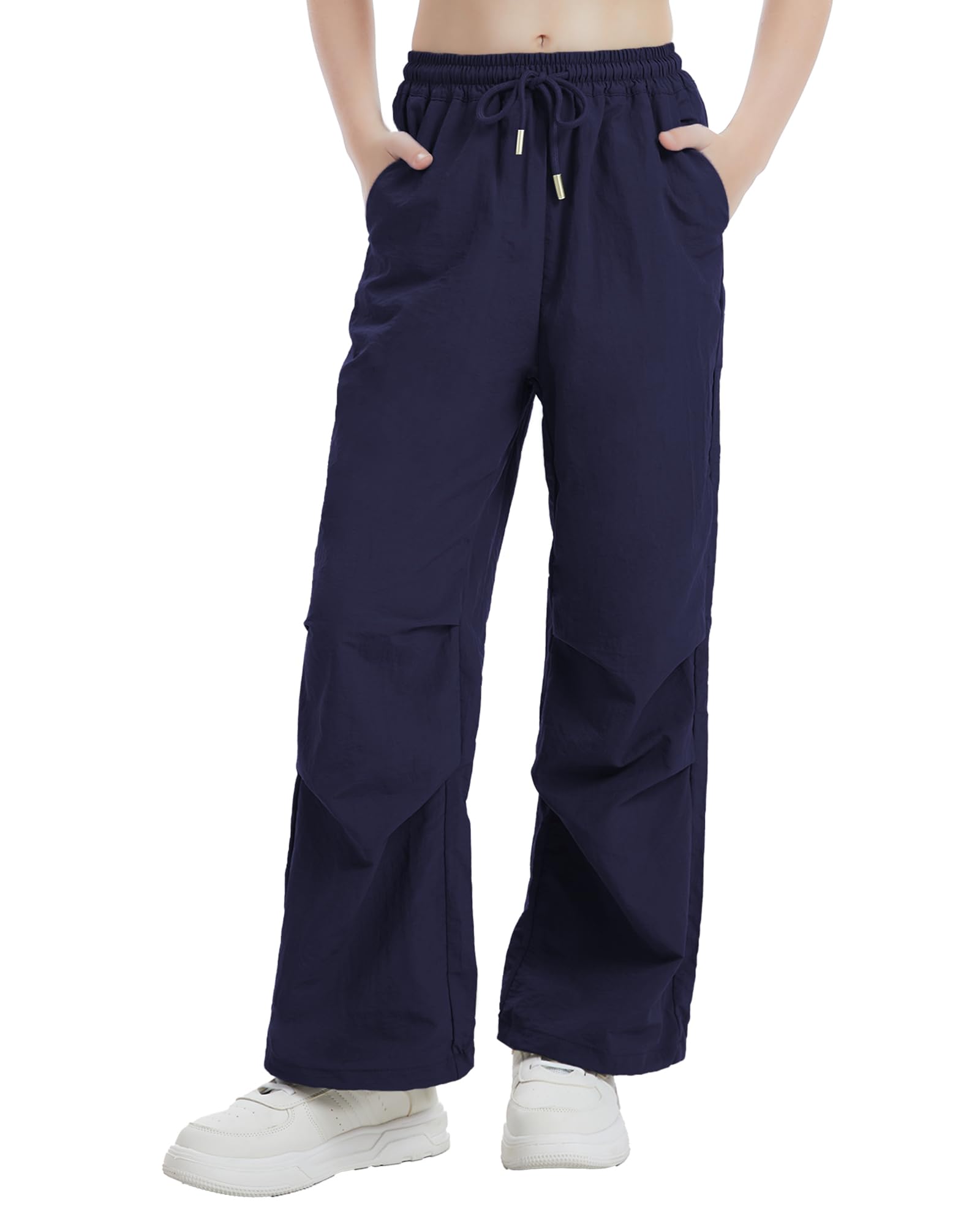 Girls Parachute Cargo Pants Drawstring Waterproof Causal Hiking Pants for Girls Pockets Lightweight Running Joggers