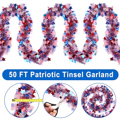 Image of 50FT 4th of July Decorations Red White Blue Star American Flag Tinsel Garland, Glitter Patriotic Garland for Memorial Day Decor Fourth of July Independence Day Outdoor Indoor Home Party Supplies