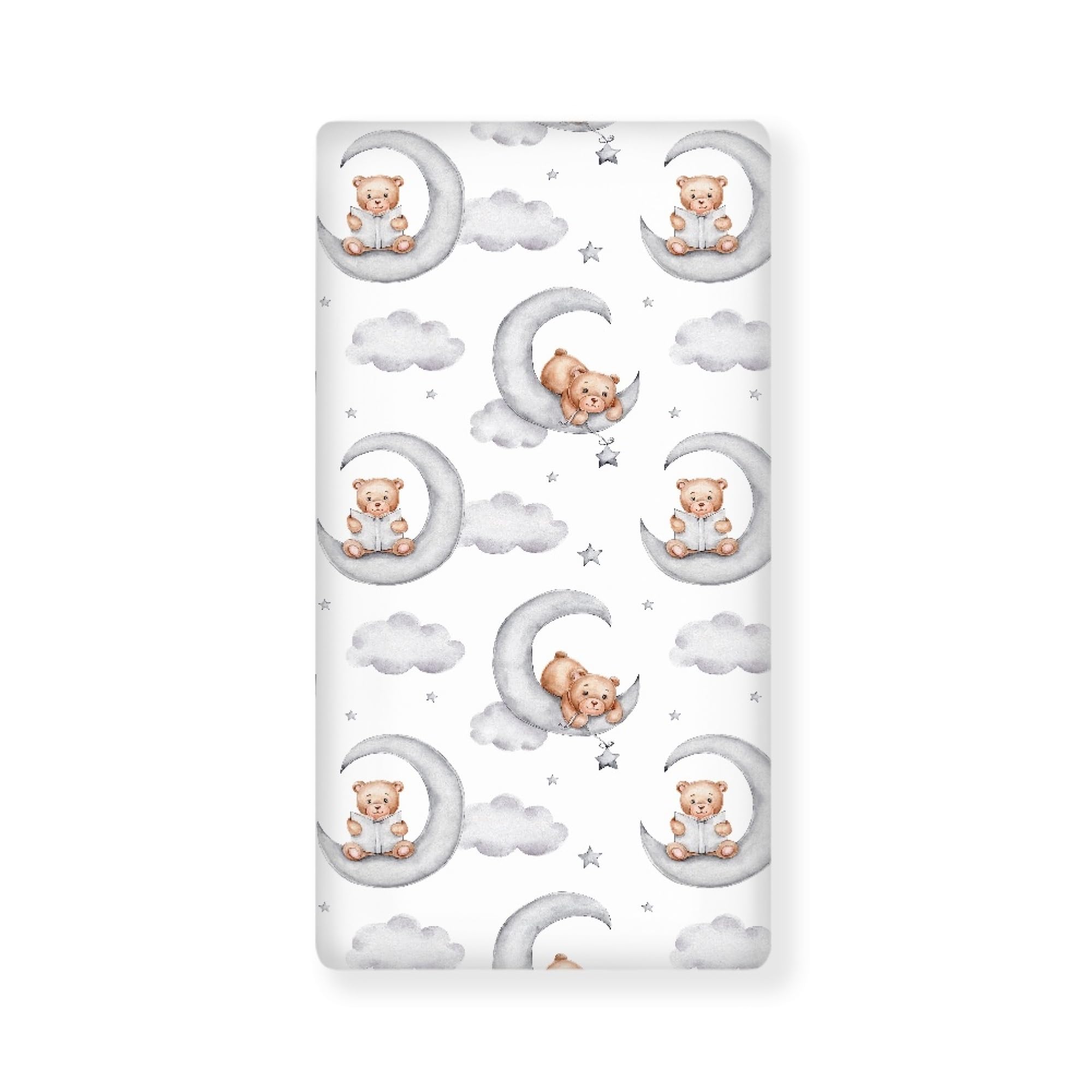 Sábana bajera ajustable para cuna, diseño de osos de peluche, color gris, para cuna, luna, estrellas, nubes, para cuna, para niños y niñas, 71 x 132 cm