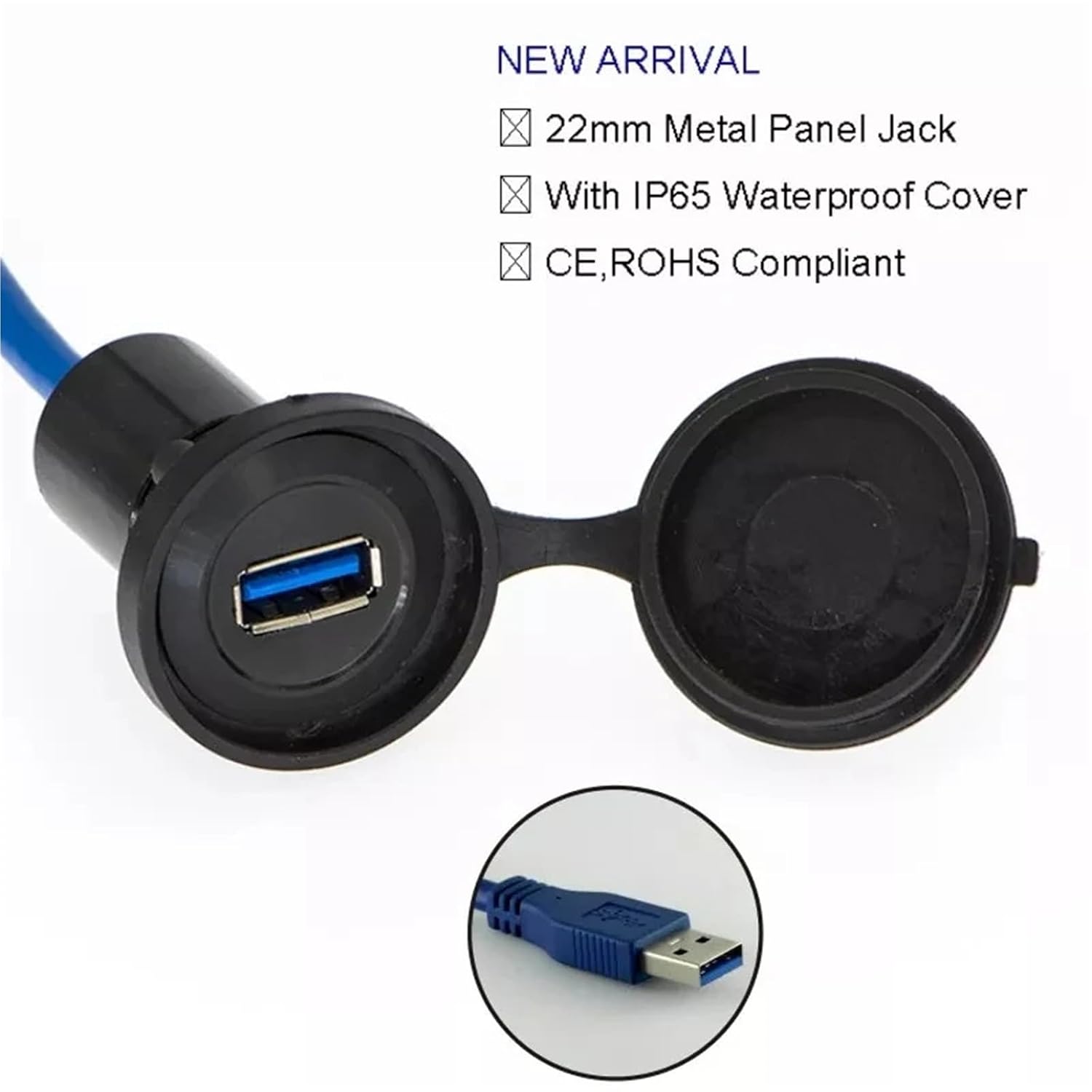 22mm USB Connector Socket Metal USB Connector/USB Socket (USB3.0 Female A - Male A with 60cm Wiring) | Black,60cm