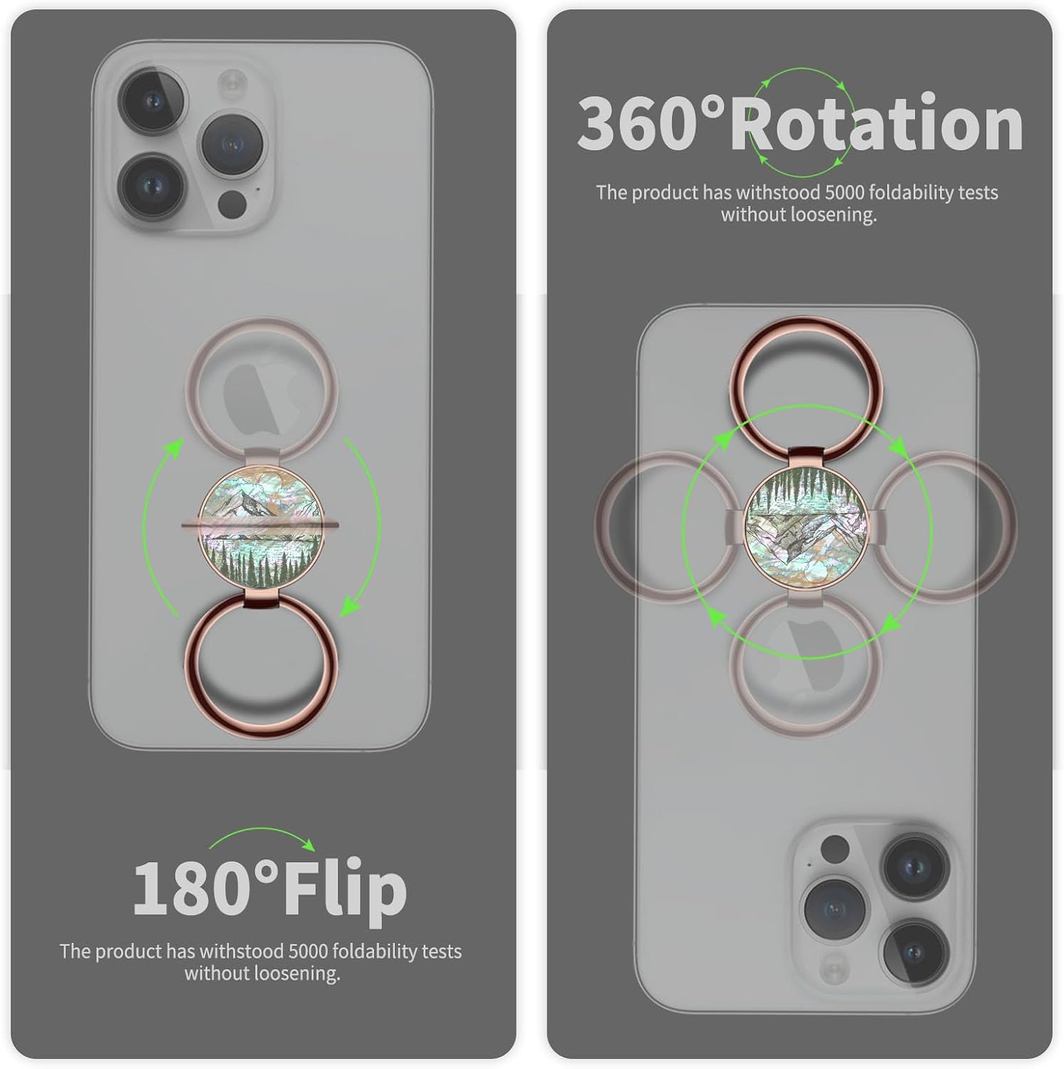 Carveit Natural Shells Cell Phone Ring Holder Metal Phone Kickstand Grip for iPhone 16 Pro Max/15/14 & Galaxy S23/S24/S25 Ultra & Pixel 8/9 -Rose Gold-Alpine Lakes