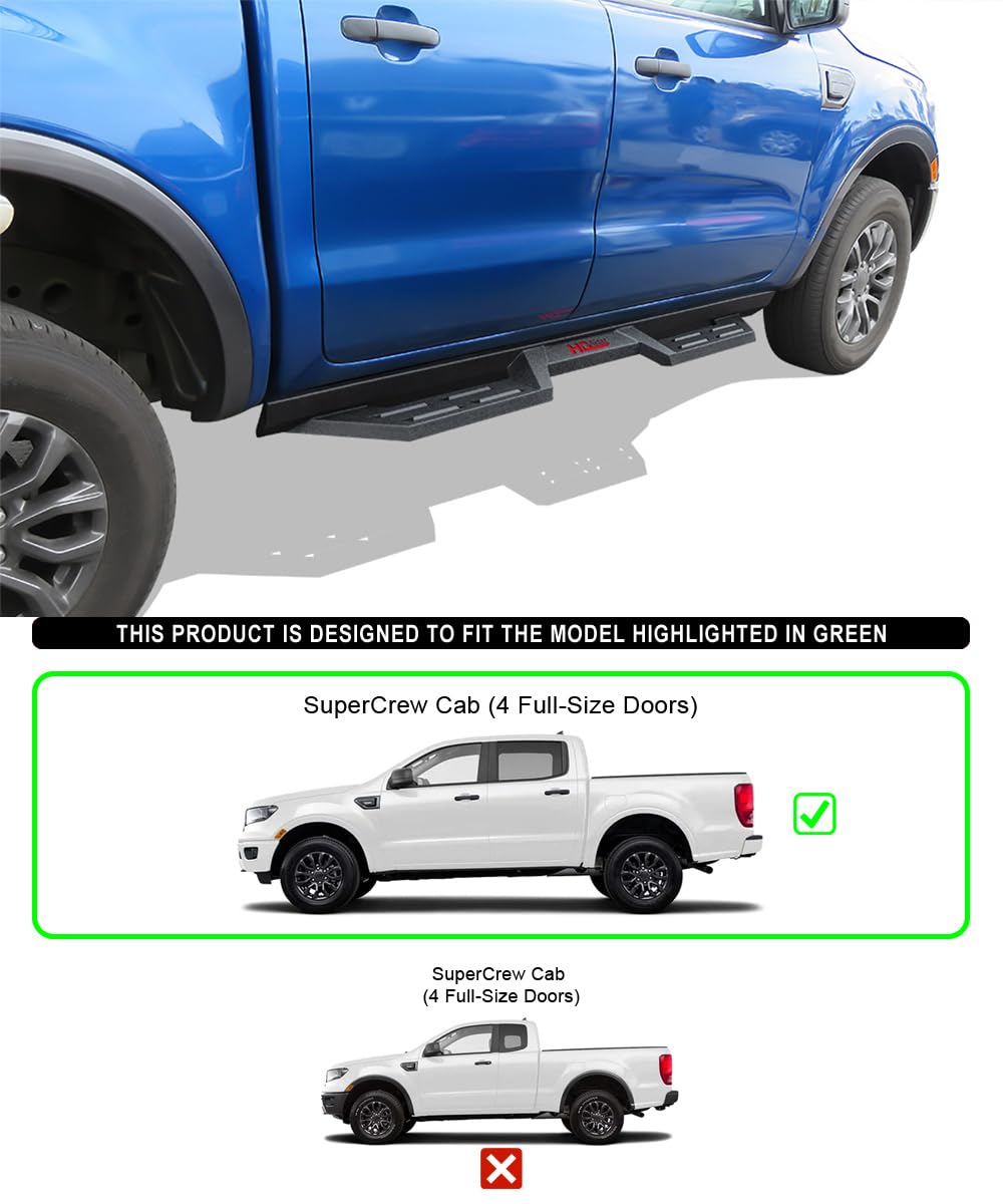 HD Ridez Steel Construction Drop Down Style Running Boards Compatible with Ford Ranger 2019-2023 SuperCrew Cab 4-Door