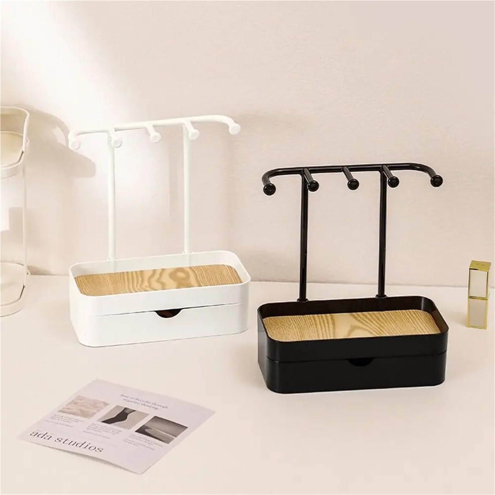 Schwarz - Scaffale per gioielli portatile con cassetto con base in legno, porta chiavi, accessori fotografici, scatola di immagazzinaggio da scrivania