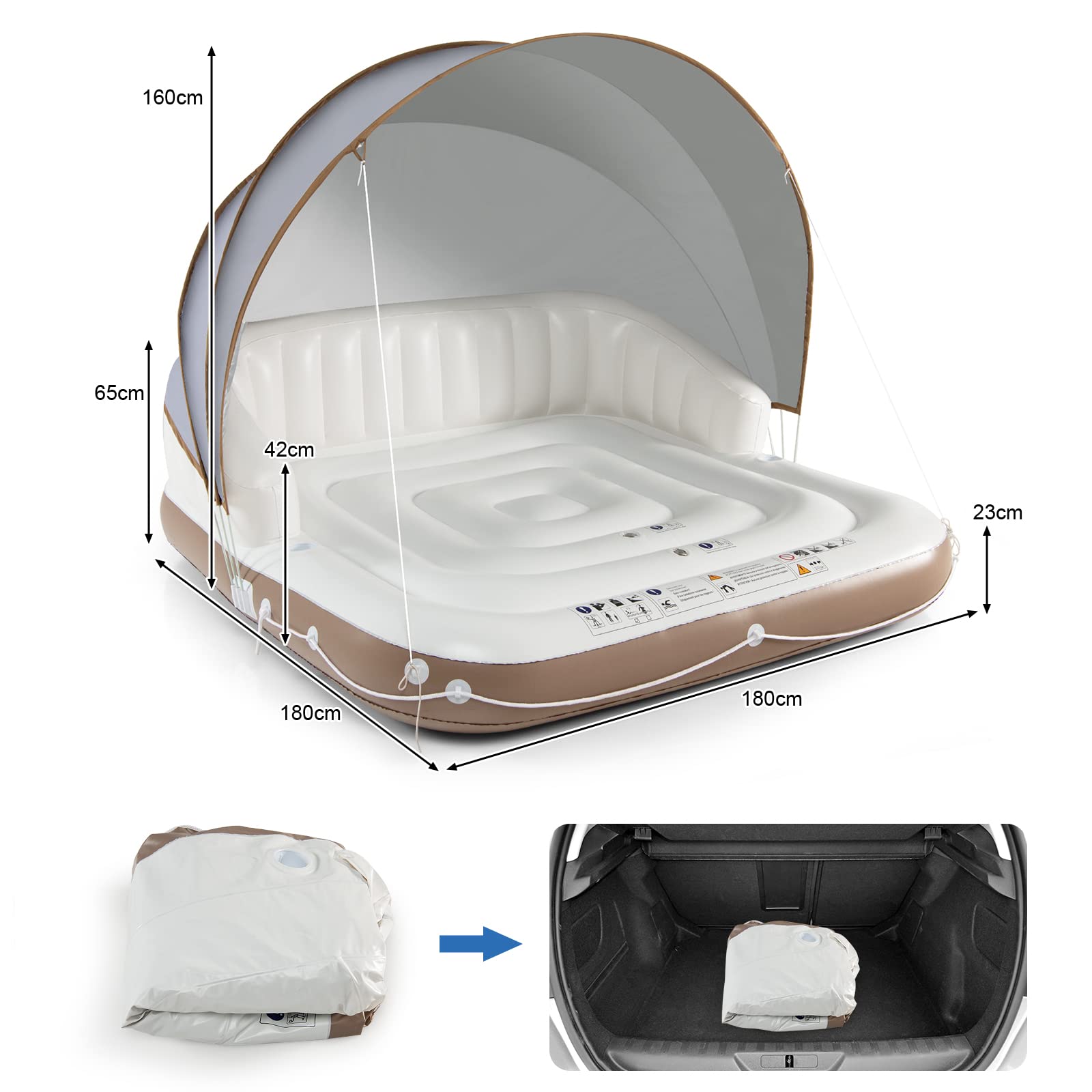 KOMFOTTEU Matelas Gonflable Lounge avec Auvent Rétractable 200KG Flotteur Piscine 2 Places UPF50+ Île Flottante 180x180x160CM