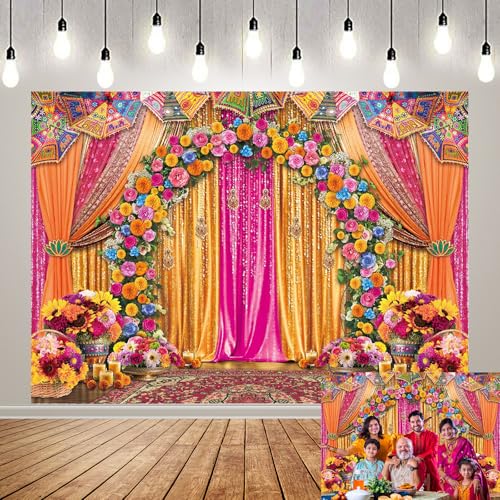 Image of Indian Wedding Backdrop Indian Themed Marigold Floral Background India Traditional Festival Flowers Bridal Shower Party Decorations Banner Supplies (82x59inch(7x5FT))
