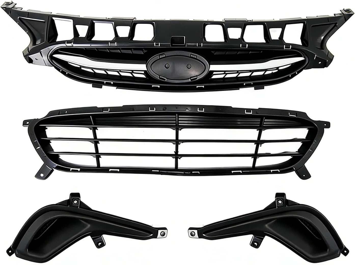 Front Bumper Upper & Lower Grille W/Fog Bezel Compatible with Hyundai 2012 2013 2014 2015 2016 2017 Accent