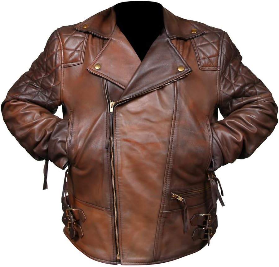 Mens Brown Leather Jacket - Distressed Brown Motorcycle Sheepskin Leather Biker Jacket - Vintage Diamond Quilted Brown Jacket