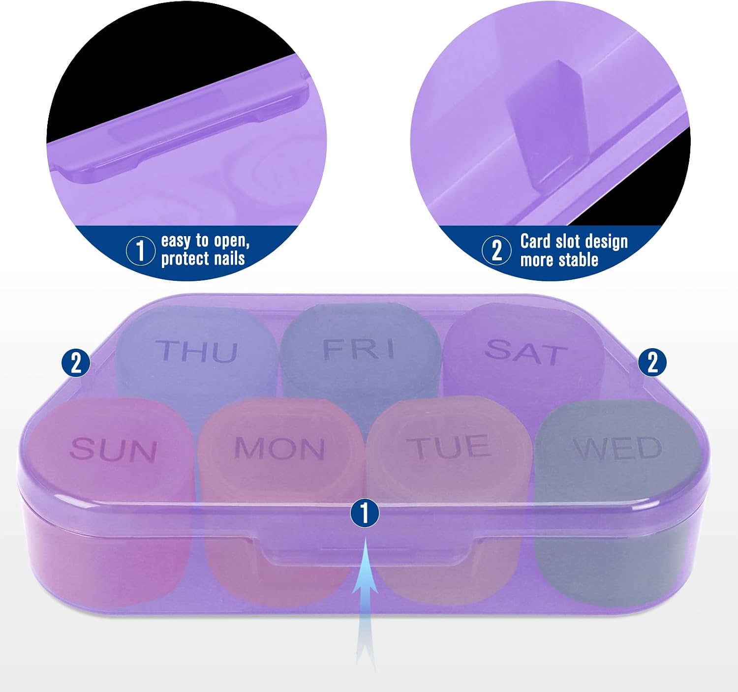 NatureTouch Weekly Pill Organizer, BPA Free Medicine Organizer Rainbow 7 Day Pill Box, Daily Portable Pill Conatainer for Pills/Vitamin/Fish Oil/Supplements [Lastest Version],Purple image 4