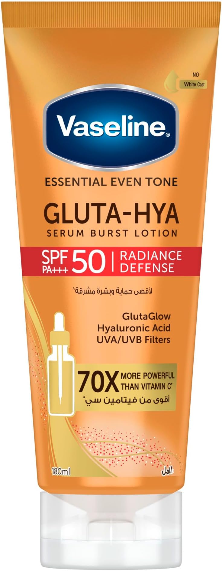 – Gluta-Hya Serum Burst Lotion, Radiance Defense, SPF 50 PA+++, with GlutaGlow Technology, Hyaluronic Acid and UVA/UVB Filters, 70x More Powerful than Vitamin C, 180ml