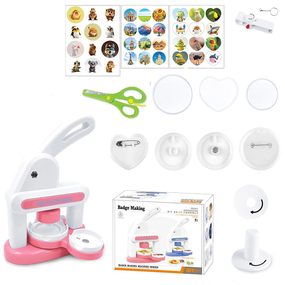 NEWFUN Machine a Badge, Machine à Badge, 55mm/35mm, Insignes en Forme de Cœur, Button Maker pour Enfants DIY Cadeaux, peut Faire des Insignes, des Porte-clés, des Autocollants pour Réfrigérateur