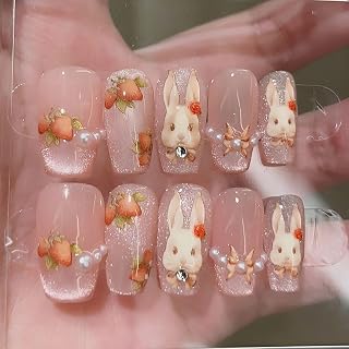 Customized Press On Nails, Cute Bunny, Reusable Stick On Fake Nails with Glue, 10PCS Handmade French Manicure, Customized Nail Shapes and Multiple Sizes, Women Girl Gift