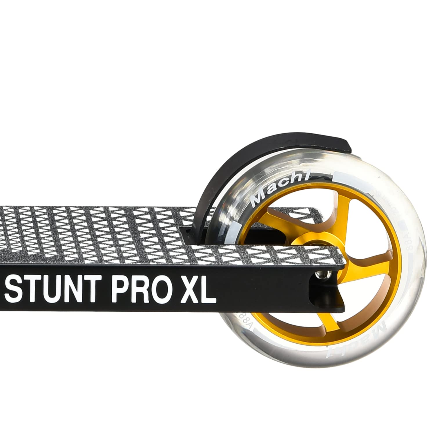 Mach1 Stunt Scooter Kierownica 360° – kółka 120 mm z aluminiowym rdzeniem i łożyskami kulkowymi ABEC 9, hulajnoga, kickscooter, Fun Stunts Trick Roller dla dzieci od 6 lat (czarno-złota z przezroczystymi kółkami)