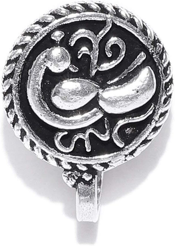 PriyaasiOxidised Silver-Toned Peacock Inspired Round Shape Clip-On Nosepin for Women and Girls