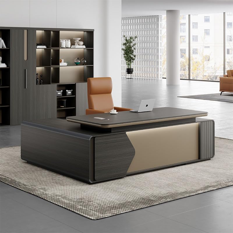 Image of Lakdi The Furniture Co Luxury Modern Executive L Shape Director Table with Side Storage Dark Wood Finish & Gold Accent Panel - LDL-773