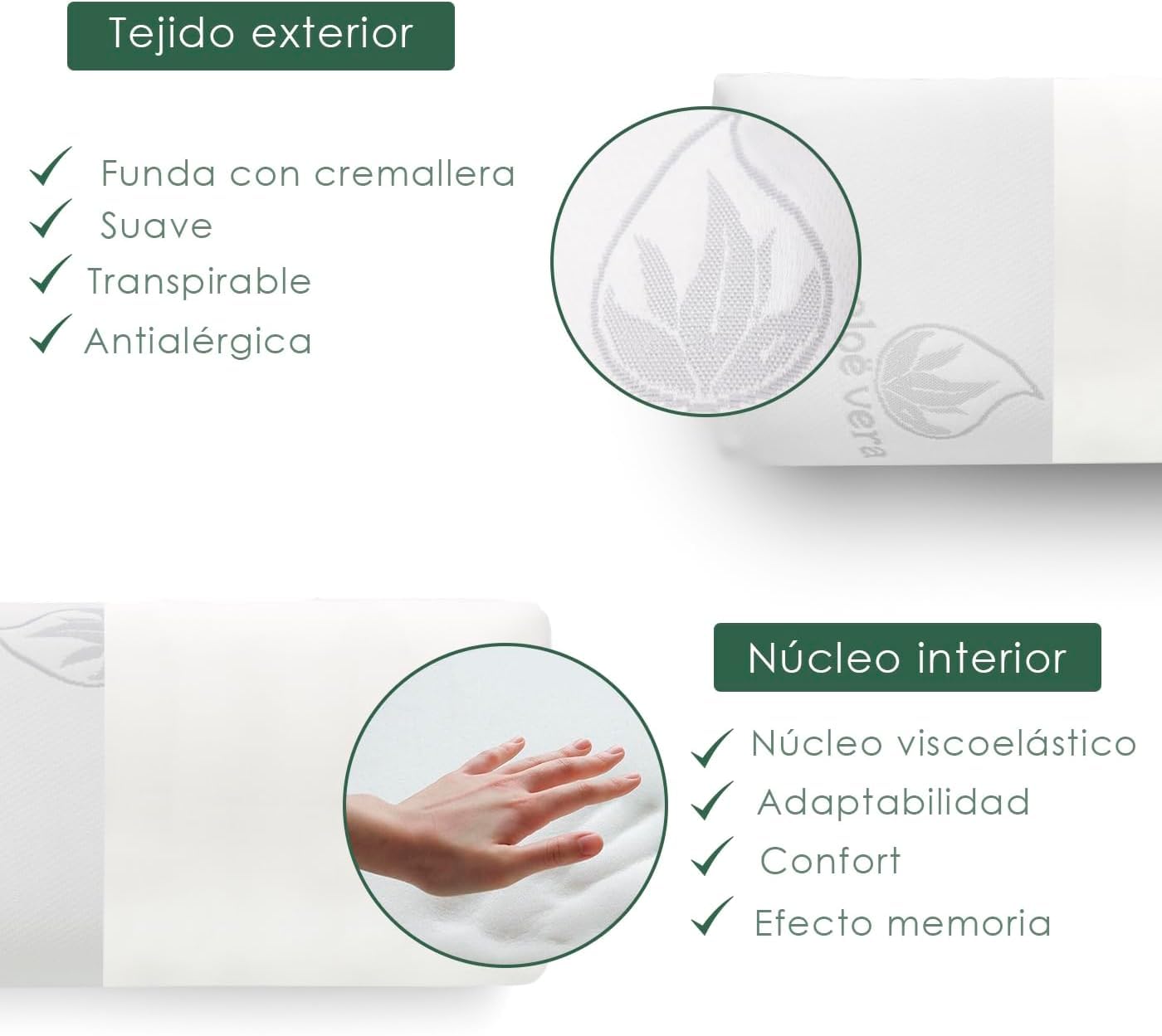 DONATELLA Almohada VISCO-Aloe - Almohada viscoelástica, núcleo Compacto. Doble Funda con Cremallera. Tejido Aloe Vera. Termorregulable adaptabilidad al Cuello - 135 cm., Blanco