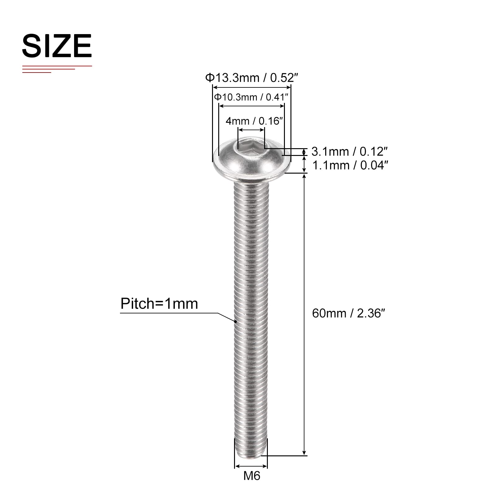 DTGN M6x60mm(DxH) Flanged Button Head Socket Cap Screws, 10Pack, Good for Equipment Furniture - Image 2