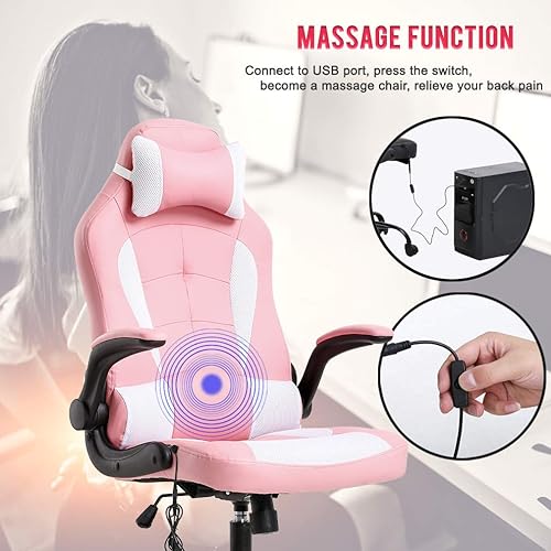 Miniatura 5 de Silla de escritorio ergonómica para videojuegos, de piel sintética, con reposacabezas y reposabrazos, Cuero falso, Rosado