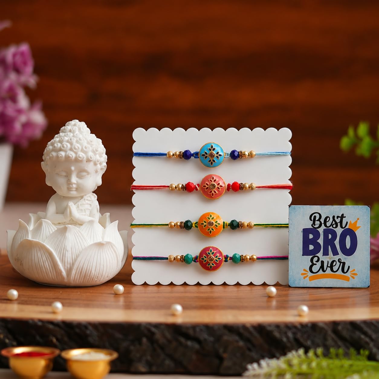 eCraftIndia Set of 4 Designer Rakhi for Brother with Best Bro Ever Fridge Magnet & Baby Buddha Showpiece | Premium Beaded Rakhi Set with Roli Chawal | Raksha Bandhan Gift Combo