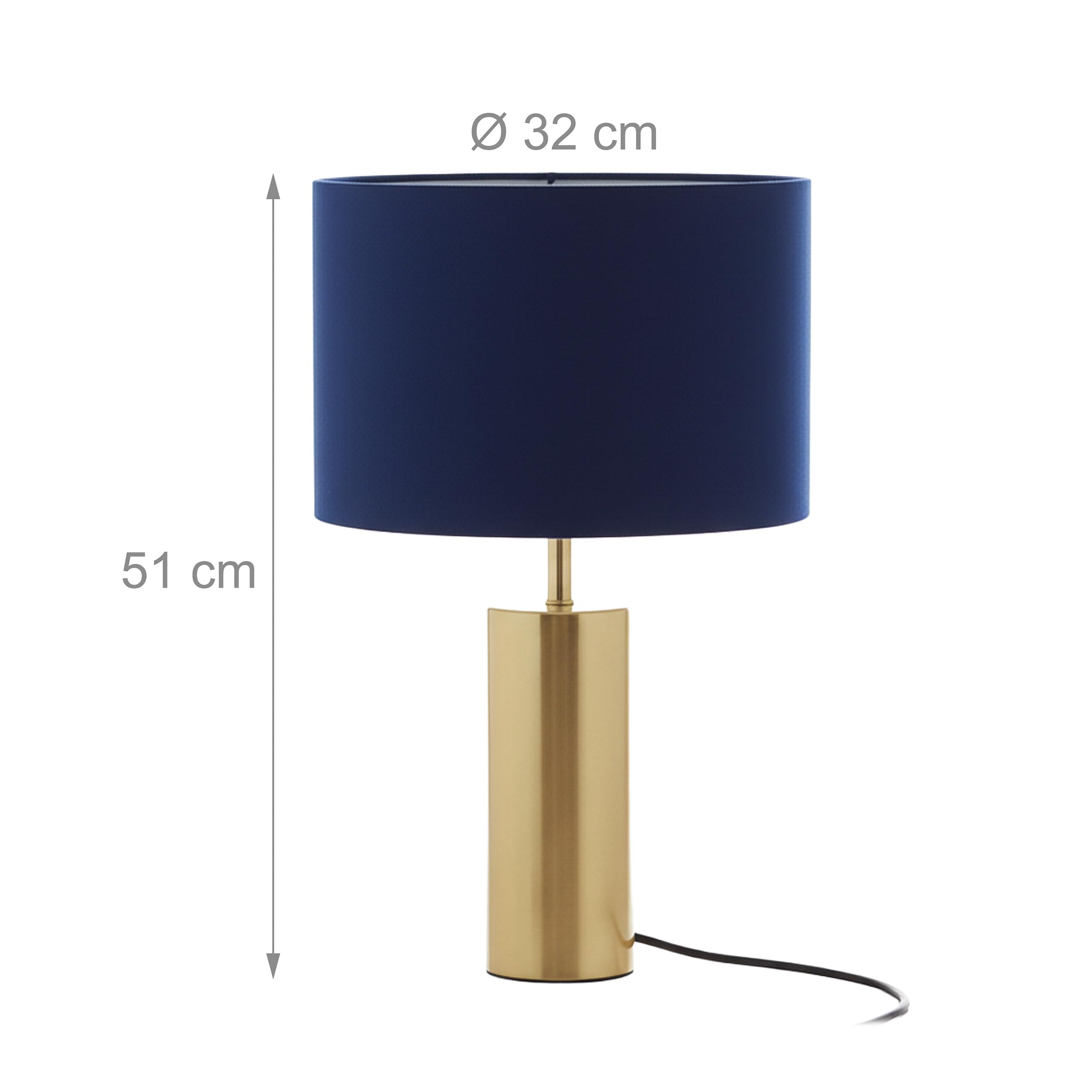 Relaxdays Tischlampe, Samtschirm & Metallfuß, E27, HD 51x32 cm, Nachttischlampe mit Kabel, Schlafzimmer, dunkelblau/Gold