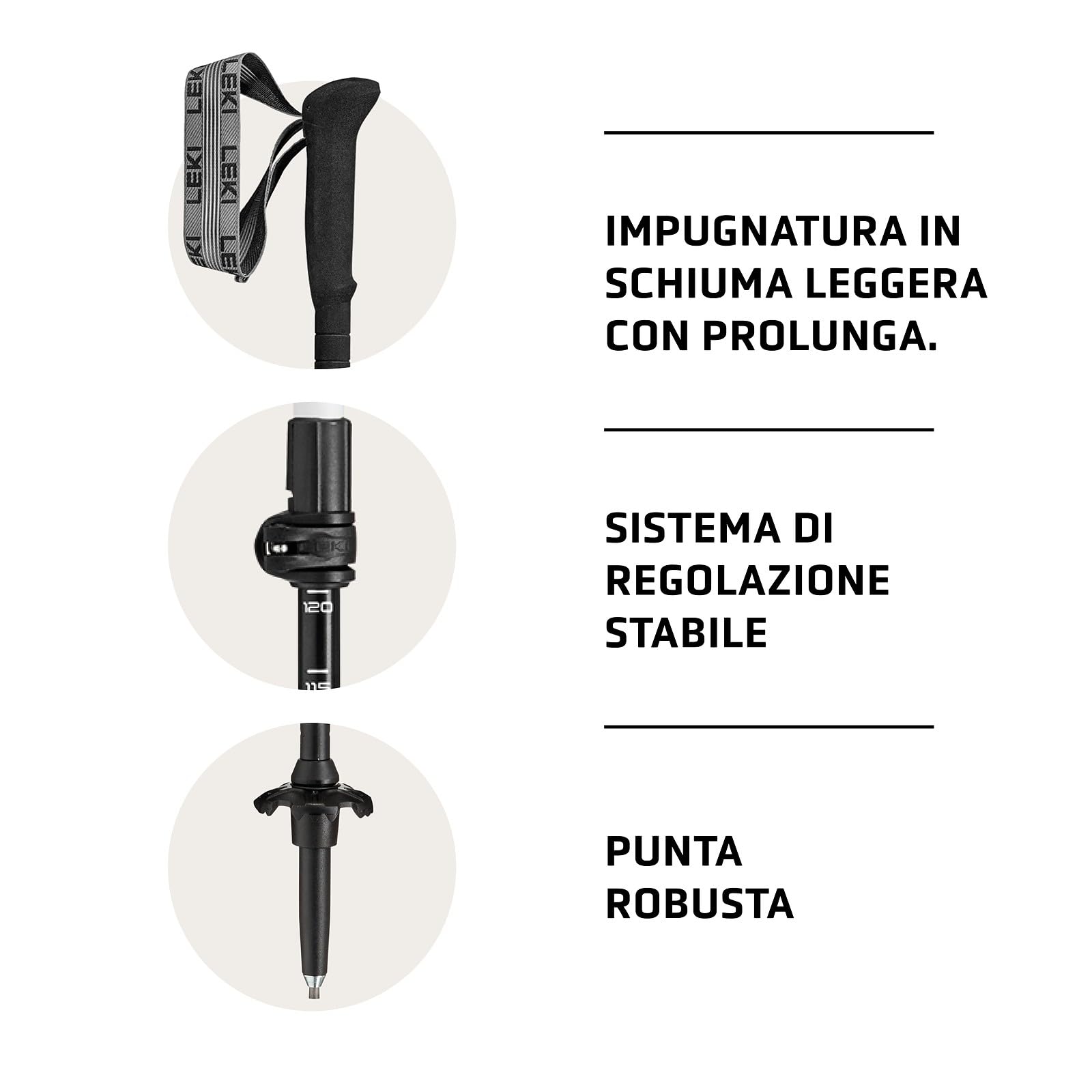 LEKI Skytera Lite - Bastoni da trekking regolabili in alluminio (90-135 cm), con piastra da trekking, comoda impugnatura in schiuma + estensione del manico, serie Performance