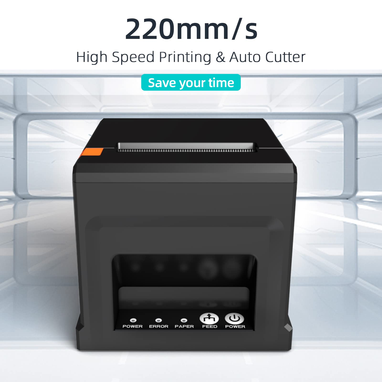 80mm USB + LAN Stampante per scontrini Stampante POS con taglierina automatica Desktop Stampa termica diretta compatibile con supporto ESC/POS per spedizioni Affari Ristorante Cucina Supermer