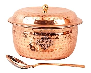 INDIAN ART VILLA IndianArtVilla Hammered Steel Copper Casserole Bowl with Lid & 1 Serving Spoon, Serving Rice Biryani Dishes, Set of 2 Pieces