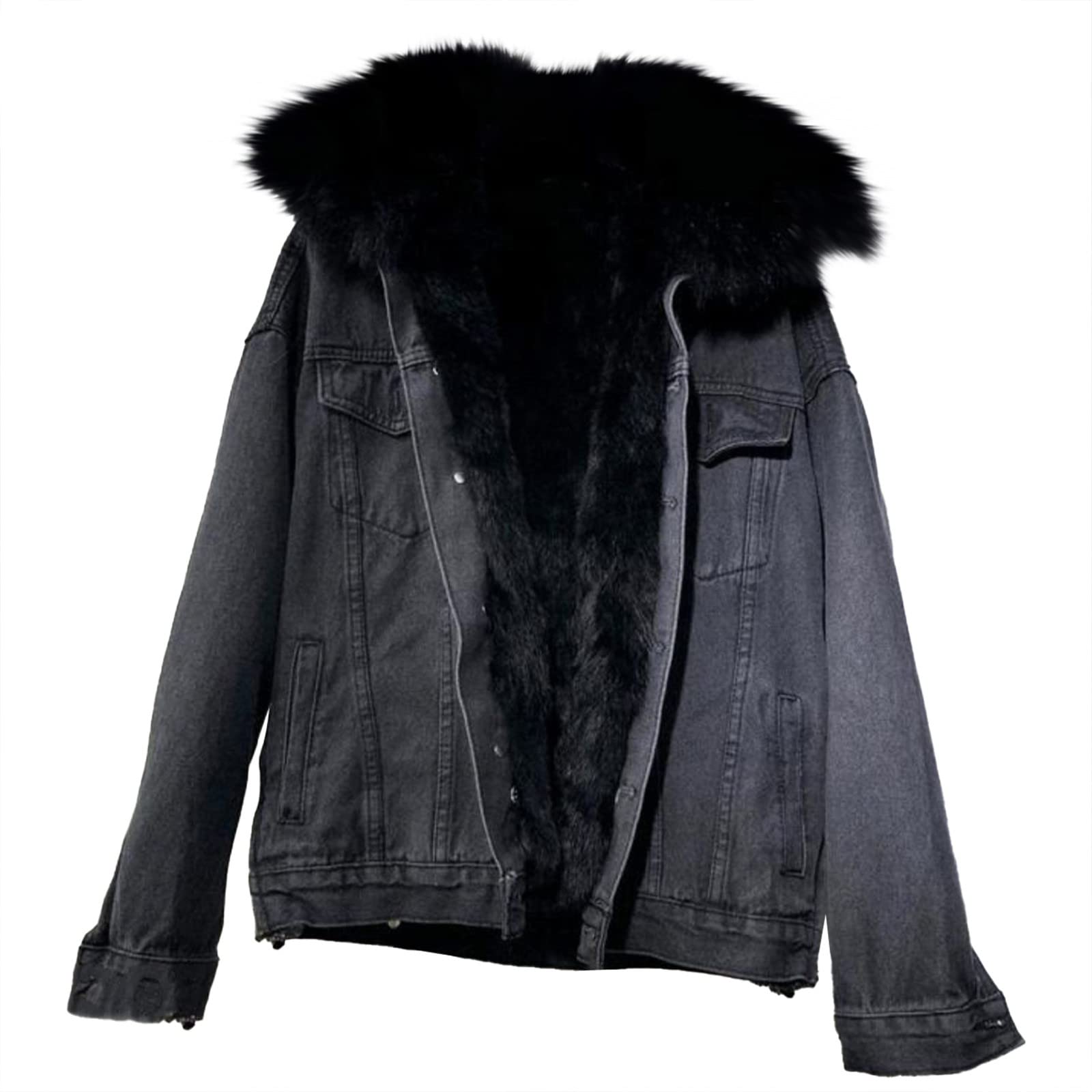 Xueton Women's Black No Hooded Denim Jackets Warm Winter Thicken Fleece Lined Faux Fur Collar Plus Size Parka Jean Jackets Coat Size S-2Xl