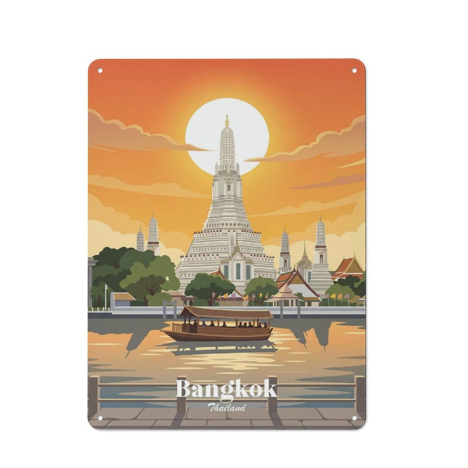 Junmoney Style-8 Bangkok Thailand Wat Arun Sunset Retro Tin Wall Plaque 40X30cm For Guest Room Or Hallway, For Vintage Wall Decor Fans, For Themed Room Decoration