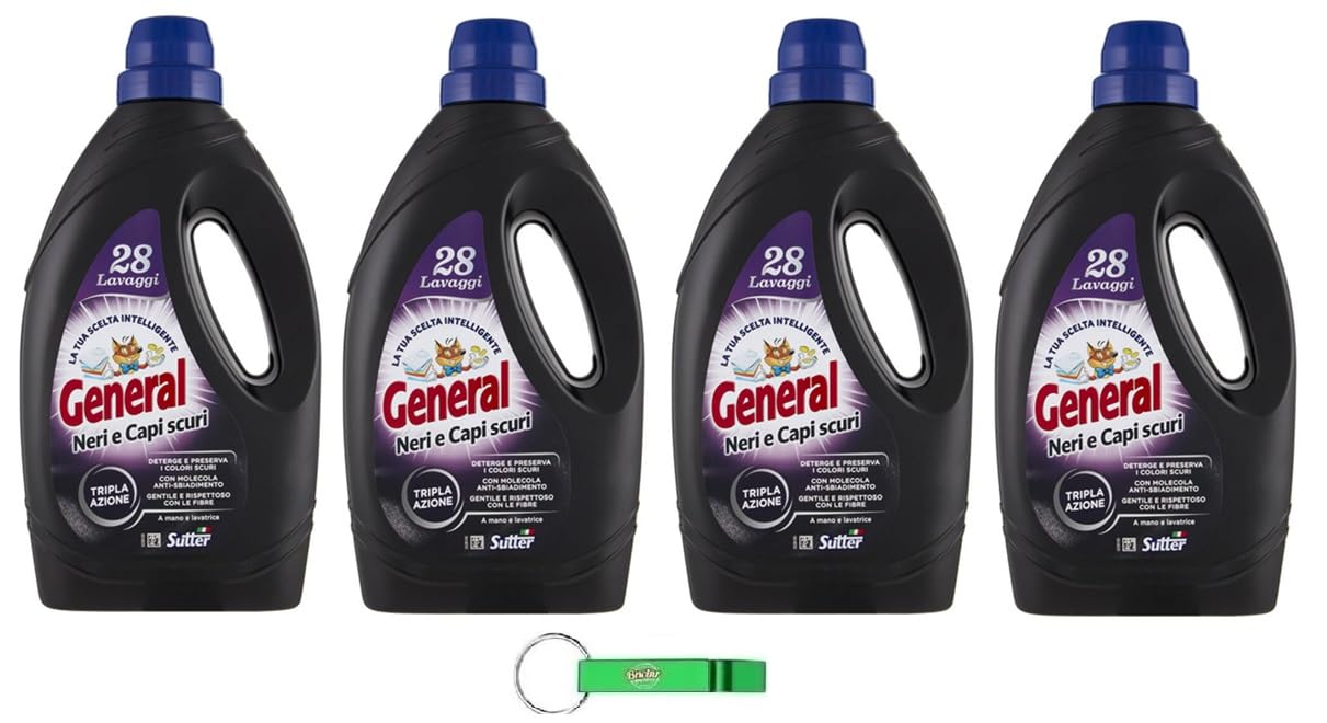4x General Lavatrice für Schwarze und Dunkle Kleidungsstücke- Flüssigwaschmittel für die Waschmaschine - Waschmittel 28 Wäschen 1400ml + Beni Culinari Kostenloser Schlüsselanhänger