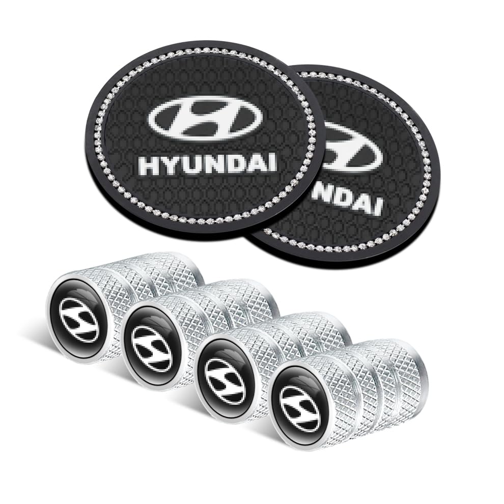 6Pcs Car Accessories Set, Include 4Pcs Tire Valve Stem Caps,2Pcs Car Cup Holder Coaster for Hyundai Elantra Sonata Tucson Santa fe Genesis Equus Azera Series Car Accessories, Black-xxdd
