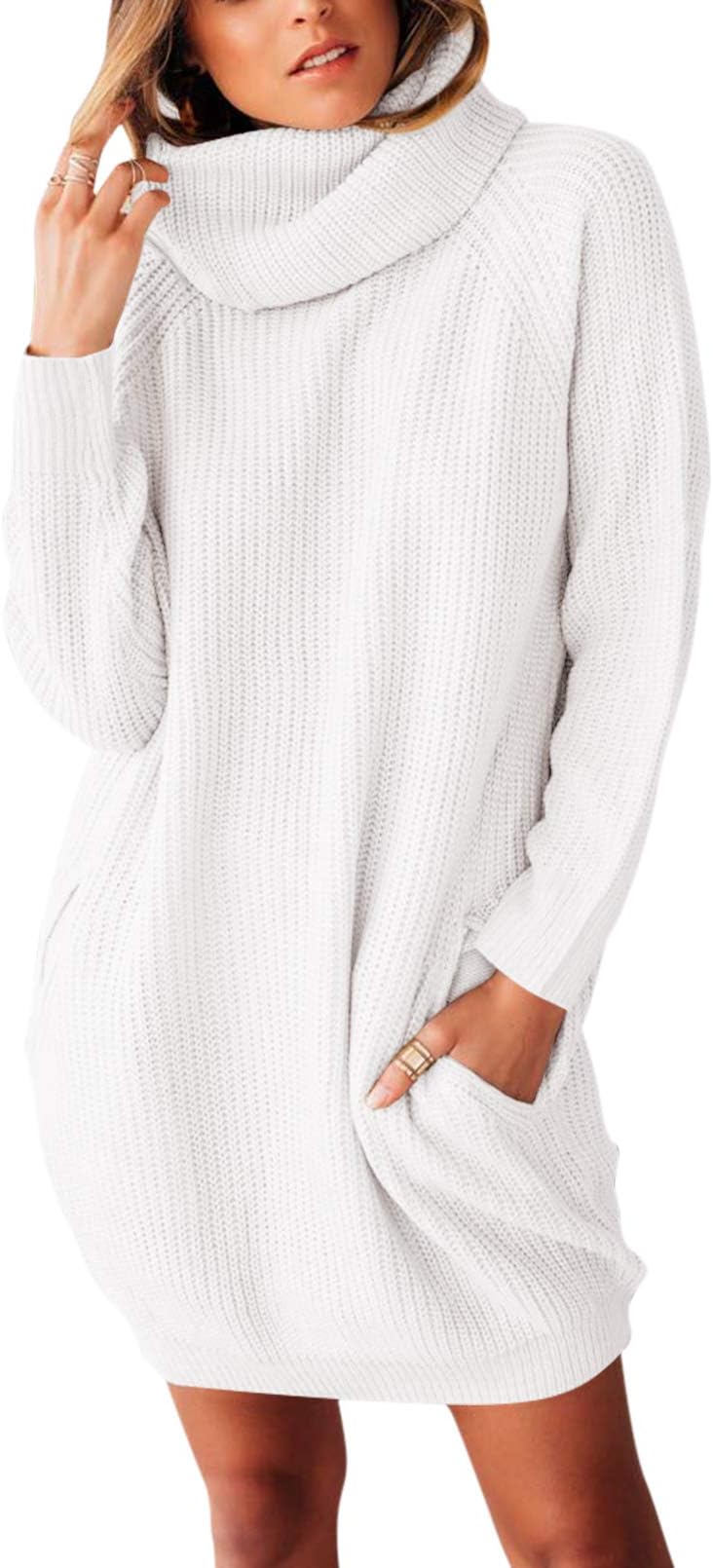 Sovoyontee Women's Long Sleeve Baggy Oversized Turtleneck Pullover Sweater Dress with Pockets