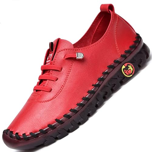 Women's Leather Soft Bottom Beef Tendon Flat Loafers Handmade Slip On Breathable Round Head Non-Slip Mom Wedge Leisure Shoes (Red,8.5,Women,8.5) #TOP5