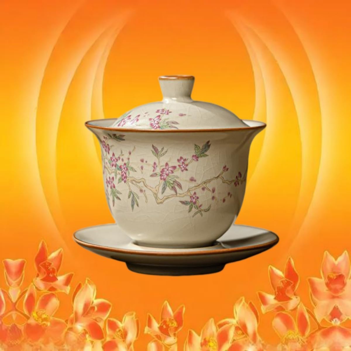 桃枝秾粉【清风盖碗】-1ml Glass Tea Cup,Ceramic cup Set,Zi Sha Tea Cup,Ceramic Teapot,Purple Clay Tea 米黄汝窑三才盖碗茶杯复 Ceramic Coffee Mugs Set,Microwave & Dishwasher Safe,Gift for Man and Women